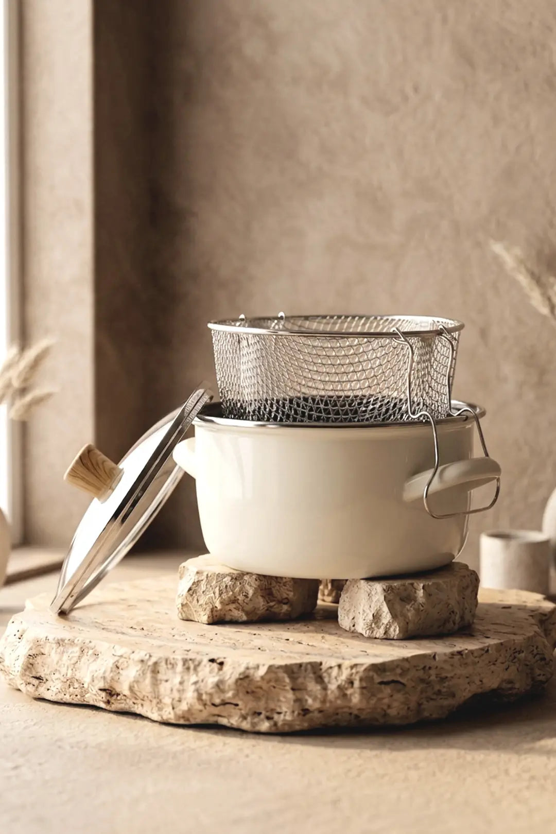 Kitchen Life Master Pro Cook Ahşap Kulplu,Paslanmaz Saplı Krem Süzgeçli Emaye Kızartma Tenceresi 22 cm