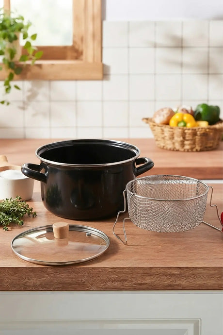 Kitchen Life Master Pro Cook Marmite à friture émaillée noire de 22 cm avec panier égouttoir en acier inoxydable et poignée en bois