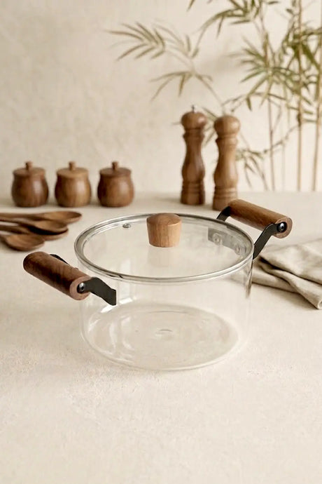 Kitchen Life Cocotte en verre borosilicaté transparent de 3,5 litres avec couvercle et poignées en bois