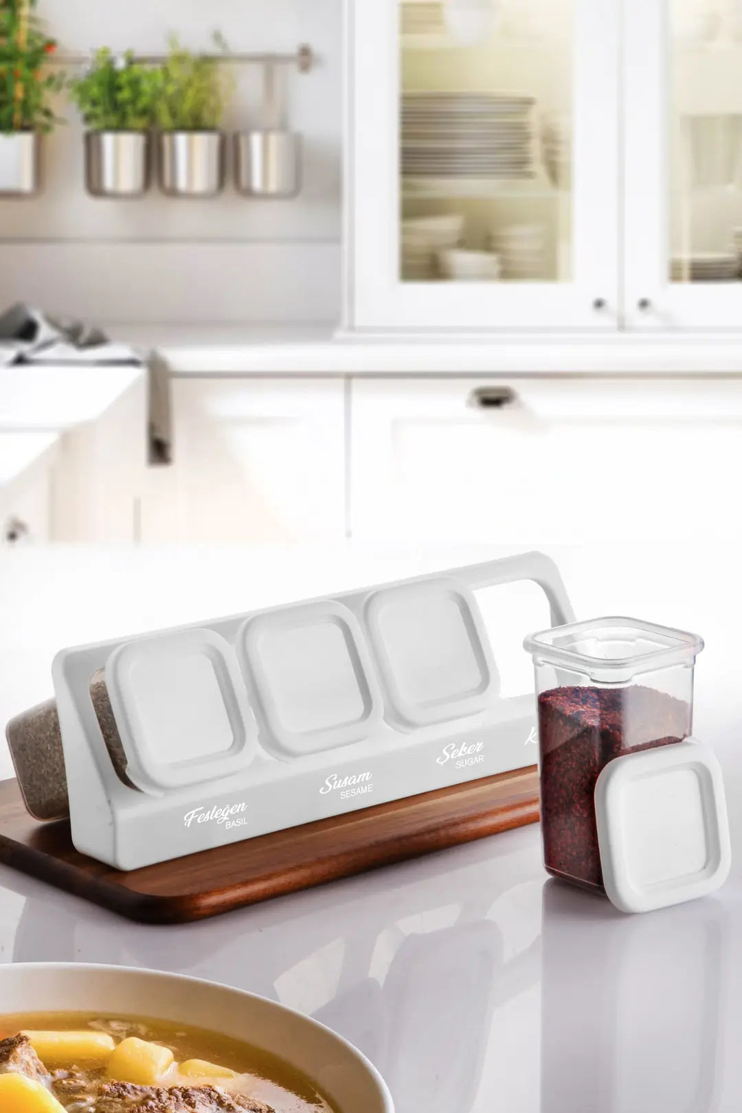 Kitchen Life 12'li Etiketli Standlı Kendinden Yapışkanlı Kare Baharatlık Takımı - Erzak Saklama Kabı Seti