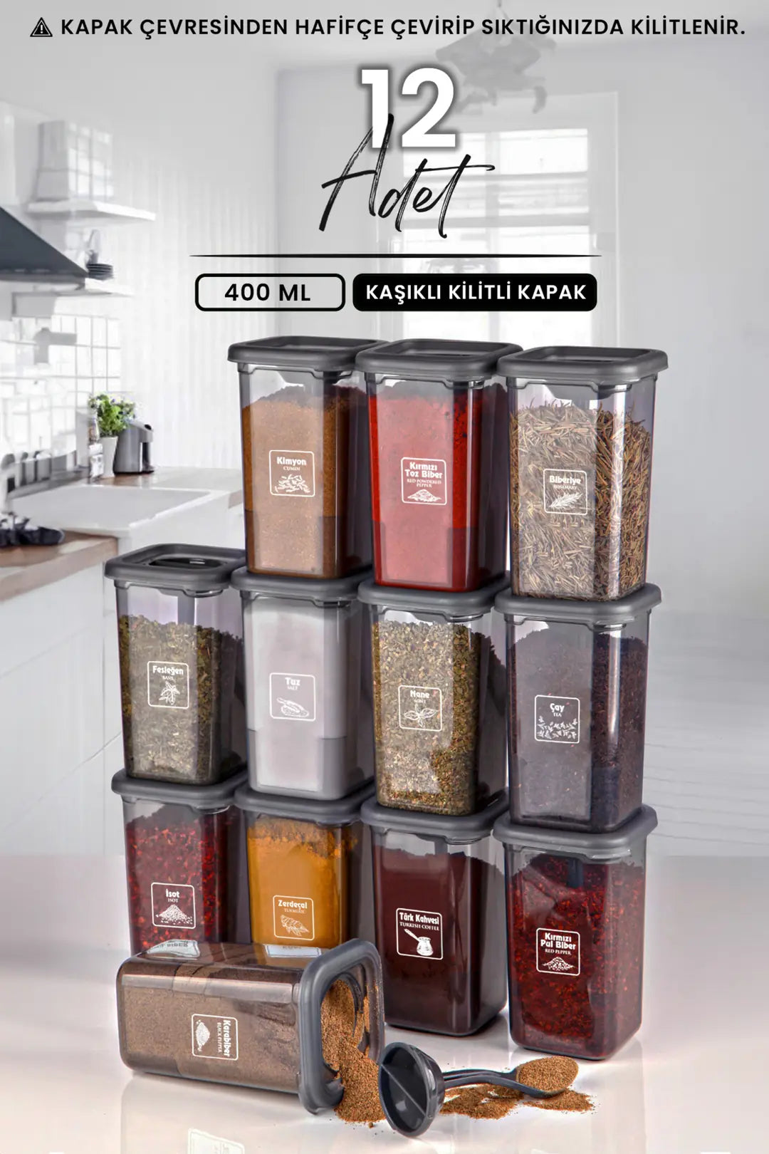 Kitchen Life 12'li Etiketli ve Kilitlenebilir Kapaklı Kendinden Kaşıklı Baharatlık Seti - Kilitli Baharatlık