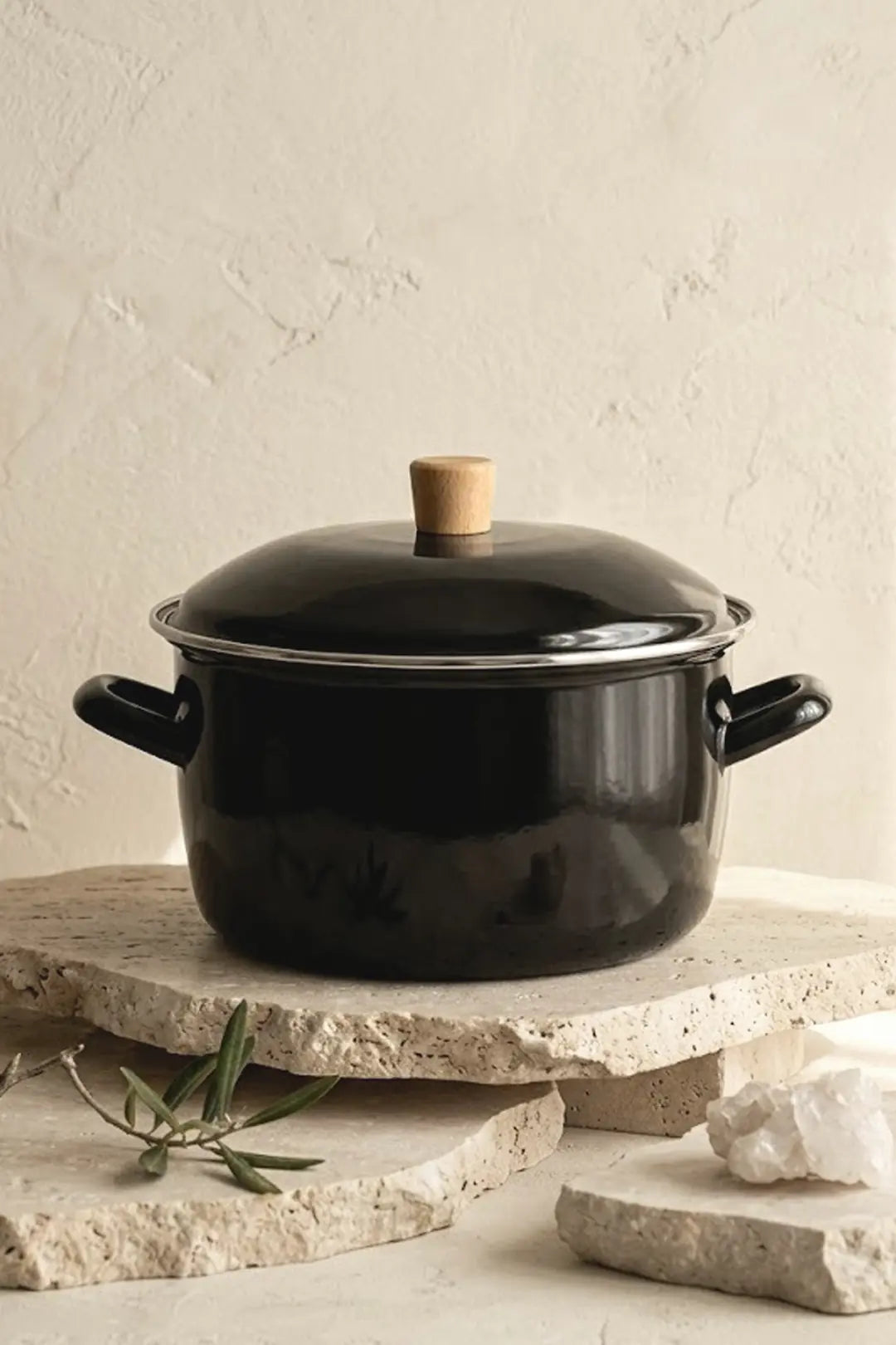 Kitchen Life Terra Cook Ahşap Kulplu,Paslanmaz Saplı Siyah Süzgeçli Emaye Kızartma Tenceresi 22 cm