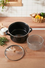 Kitchen Life Master Pro Cook Ahşap Kulplu,Paslanmaz Saplı Siyah Süzgeçli Emaye Kızartma Tenceresi 22 cm