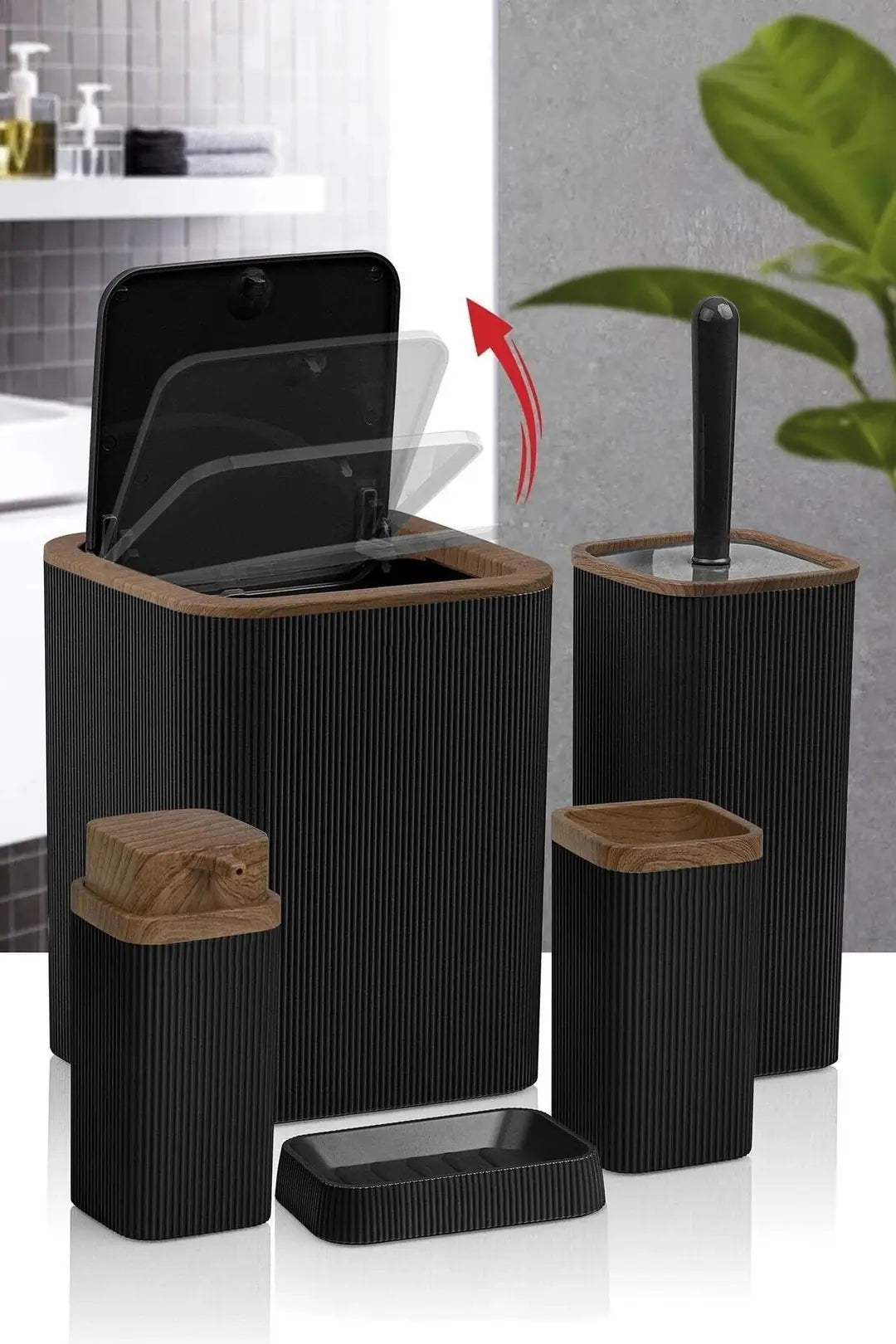 Kitchen Life Stella Siyah Ahşap Desenli Çizgili 5'li Banyo Seti