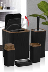 Kitchen Life Stella Siyah Ahşap Desenli Çizgili 5'li Banyo Seti