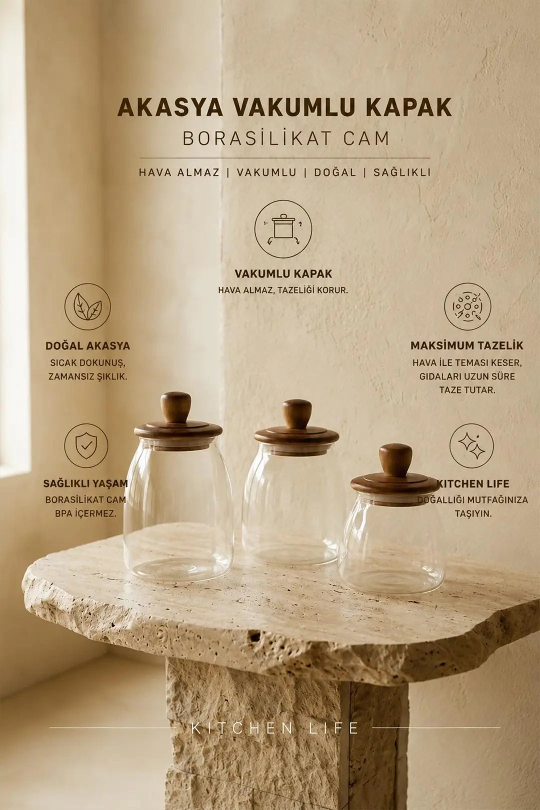 Kitchen Life 3 Boy Ahşap Kapaklı Vakumlu Borosilikat Cam Kavanoz Baharatlık (500 ml,700 ml,1200 ml)