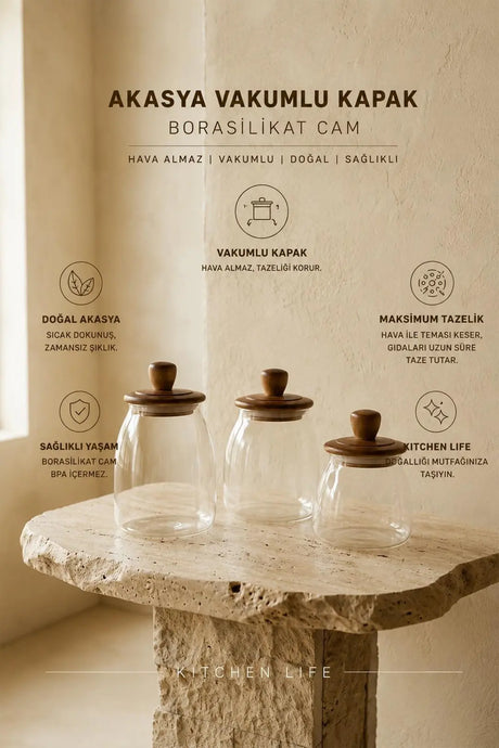 Kitchen Life 3 Pot à épices en verre borosilicaté sous vide avec couvercle en bois pour garçon (500 ml, 700 ml, 1200 ml)