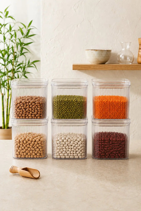 Kitchen Life 6'lı Büyük Boy Etiketli Vakumlu Dikdörtgen Kavanoz Seti 1,6 Litre