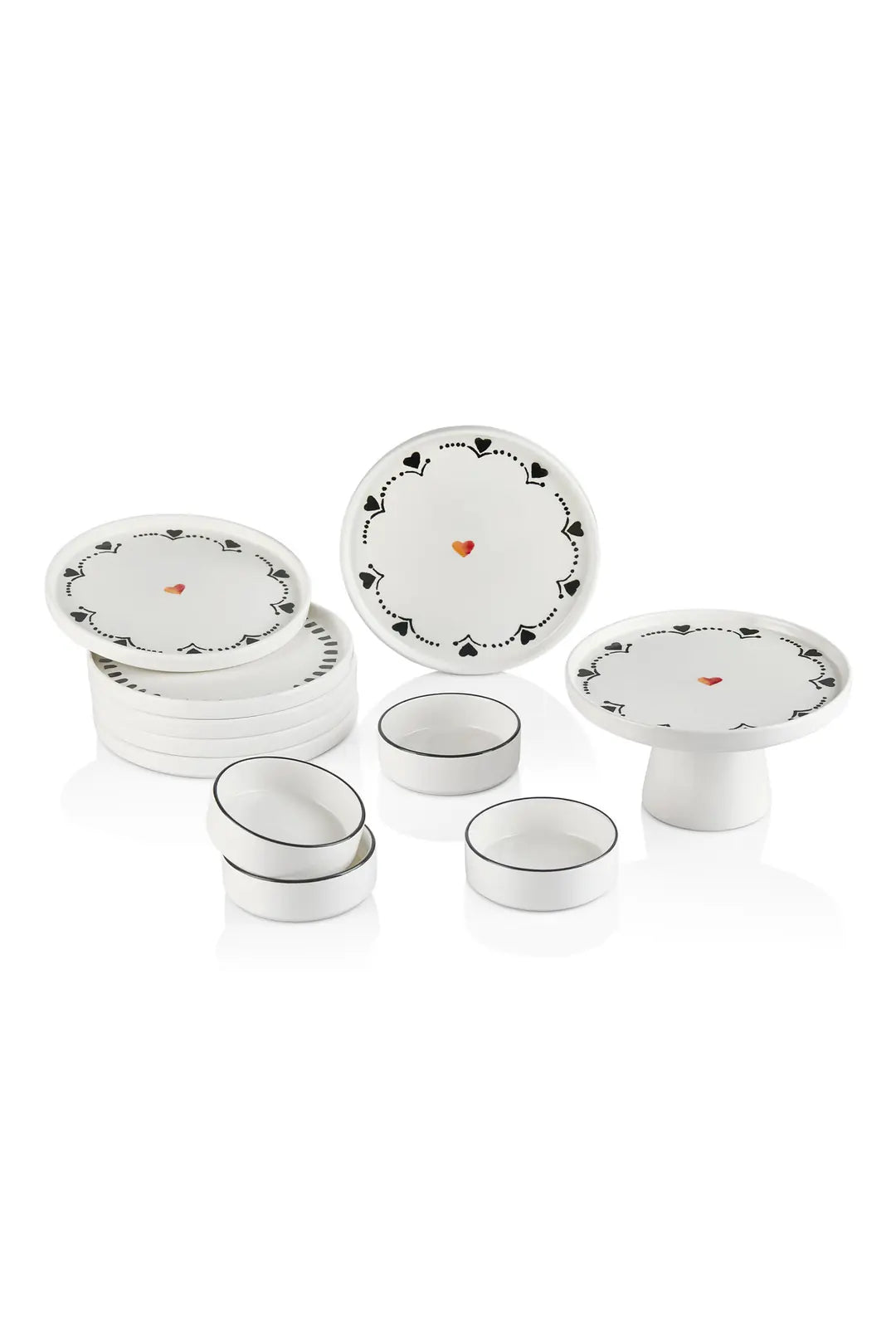 Kitchen Life Premium 11 Parça Black Hearts Ayaklı Sunum Standlı Kahvaltı Takımı - Handmade Kalpli Kahvaltı Takımı