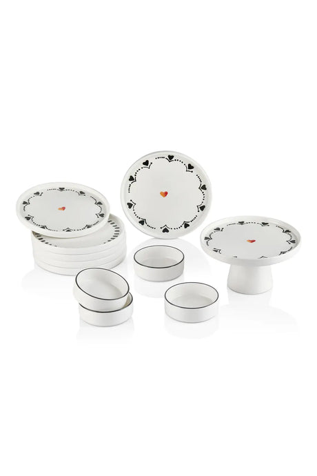 Kitchen Life Premium 11 Parça Black Hearts Ayaklı Sunum Standlı Kahvaltı Takımı - Handmade Kalpli Kahvaltı Takımı