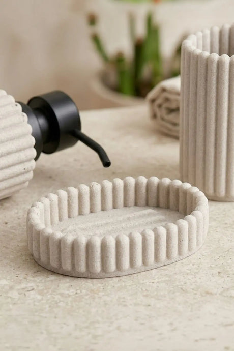 Kitchen Life Ensemble de salle de bain 3 pièces au design rayé - Ensemble porte-brosse à dents et porte-savon extérieur 350 ml
