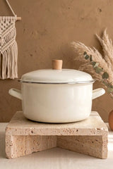 Kitchen Life Terra Cook Ahşap Kulplu,Paslanmaz Saplı Krem Süzgeçli Emaye Kızartma Tenceresi 22 cm