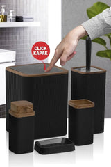 Kitchen Life Stella Siyah Ahşap Desenli Çizgili 5'li Banyo Seti