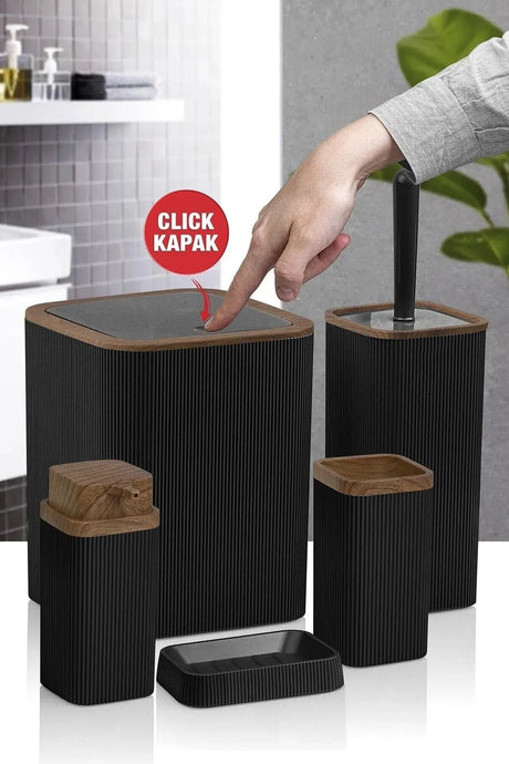 Ensemble de salle de bain Kitchen Life Stella noir, motif bois et rayures, 5 pièces
