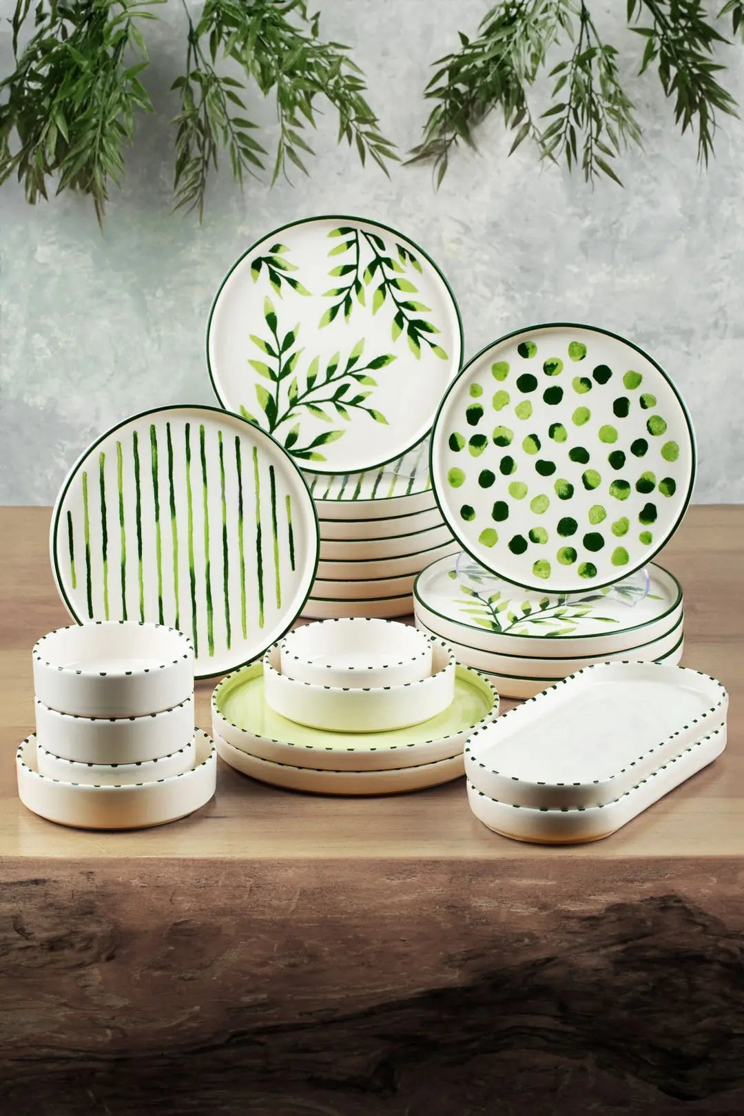 Kitchen Life 22 Parça 12 Kişilik Greentree Stackable Kahvaltı Takımı - Lüx Kahvaltılık Sunum Seti Tabağı