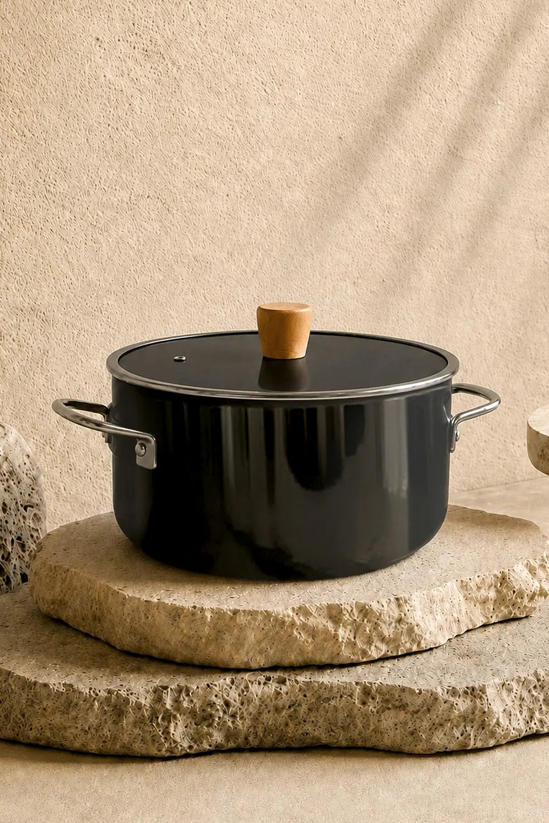 Kitchen Life Titan Cook Ahşap Kulplu,Paslanmaz Saplı Siyah Süzgeçli Emaye Kızartma Tenceresi 22 cm