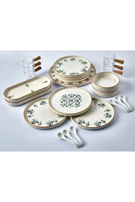 Kitchen Life 23 Parça 6 Kişilik Stackable Seramik Çiçek Desenli Sosluklu Kaşıklı Kahvaltı Takımı D-harma