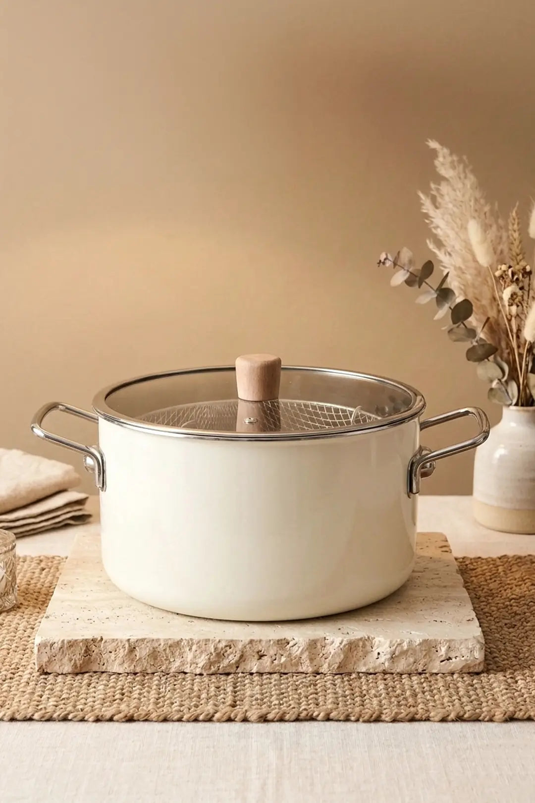 Kitchen Life Terra Cook Ahşap Kulplu,Paslanmaz Saplı Siyah Süzgeçli Emaye Kızartma Tenceresi 22 cm (Copie)