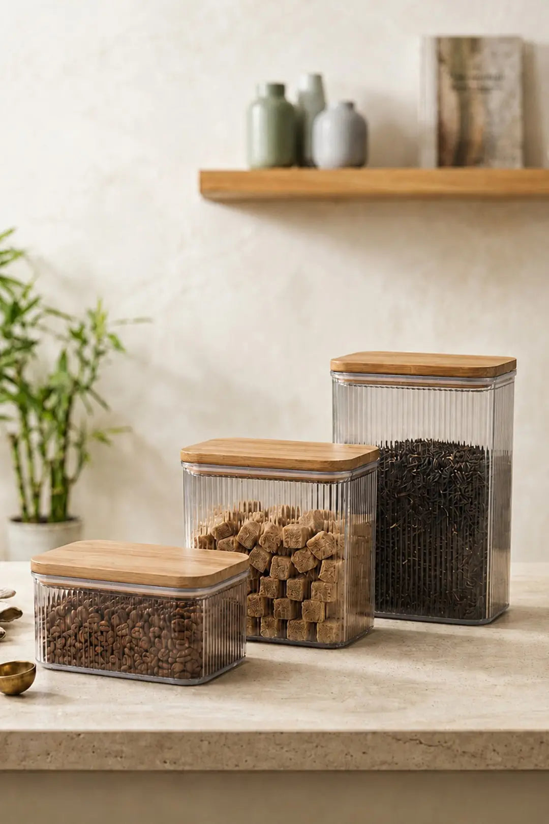 Kitchen Life 3'lu Etiketli Ahşap Kapaklı Vakumlu Kavanoz Seti Tea,Coffee,Sugar(1x2,4LT-1x1,6LT-1x800ml)