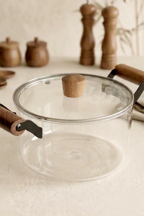 Kitchen Life Cocotte en verre borosilicaté transparent de 3,5 litres avec couvercle et poignées en bois
