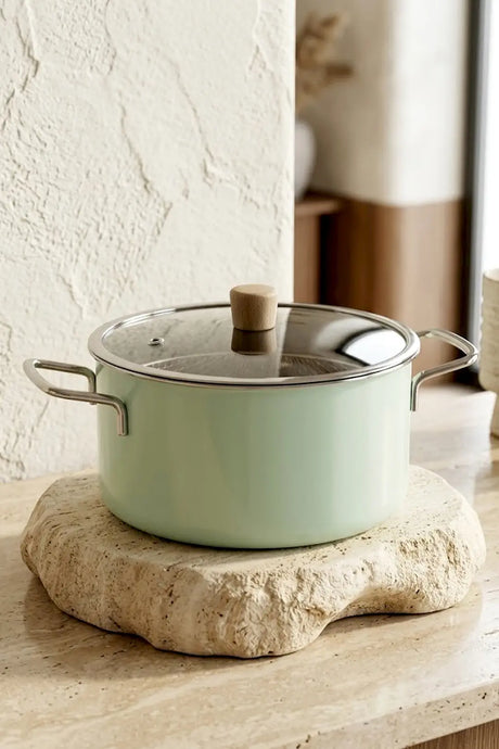 Kitchen Life Titan Cook, marmite à friture émaillée vert d’eau avec panier égouttoir, poignée en bois et manche en acier inoxydable, 22 cm