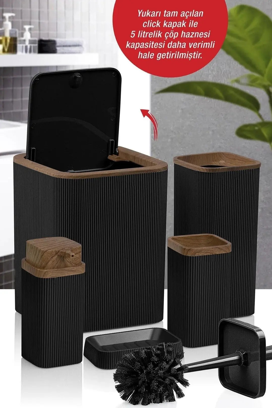 Kitchen Life Stella Siyah Ahşap Desenli Çizgili 5'li Banyo Seti