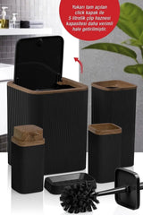 Kitchen Life Stella Siyah Ahşap Desenli Çizgili 5'li Banyo Seti