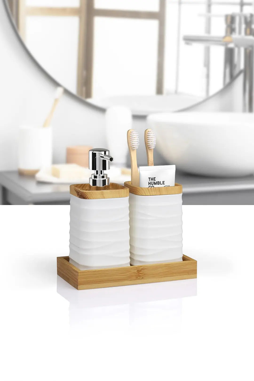 Kitchen Life Beyaz Bambulu Sıvı Sabunluk Ve Diş Fırçalık Seti