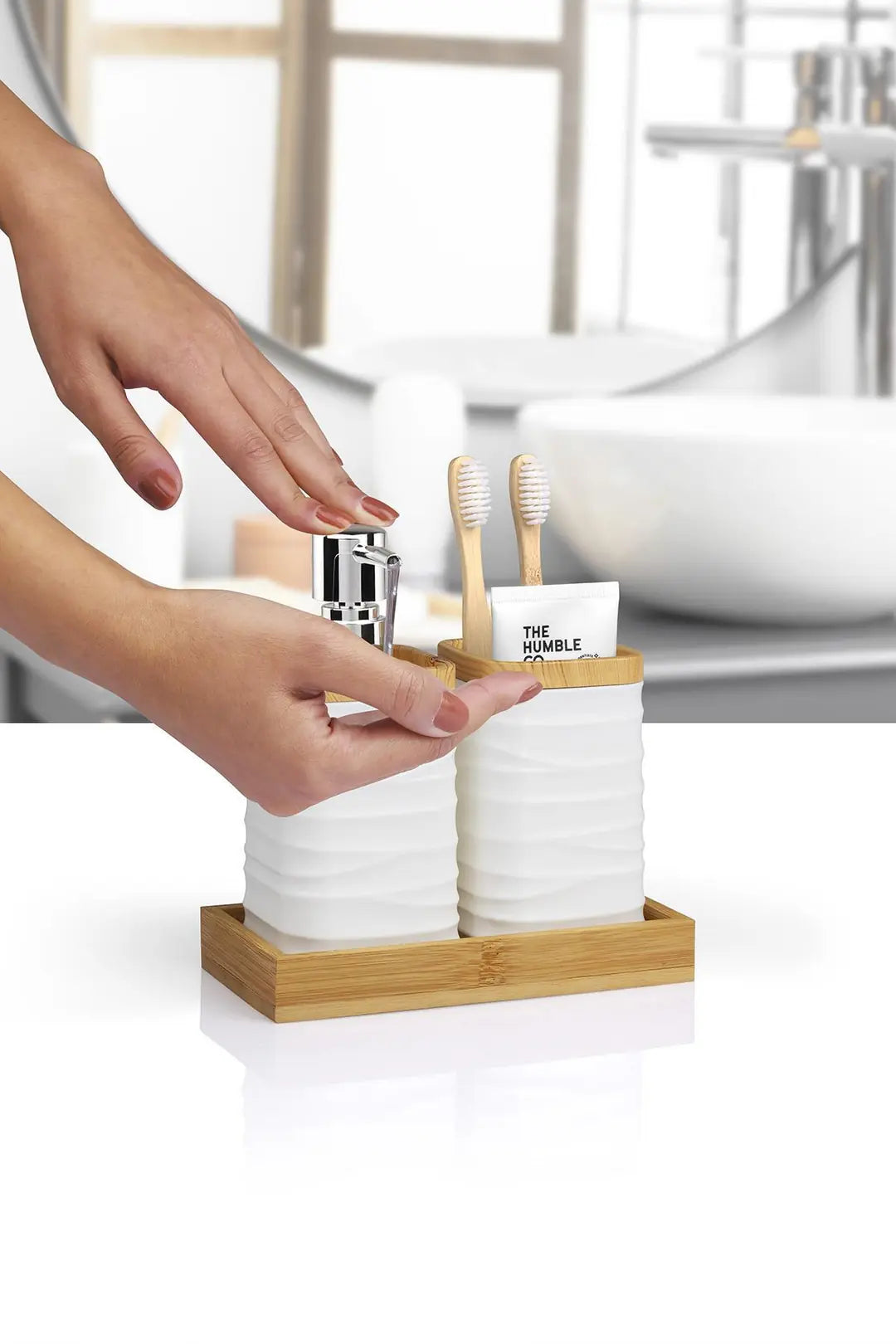 Kitchen Life Beyaz Bambulu Sıvı Sabunluk Ve Diş Fırçalık Seti