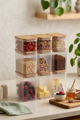 Kitchen Life 9'lu Etiketli Ahşap Kapaklı Vakumlu Dikdörtgen Kavanoz Seti(3x2,4LT-3x1,6LT-3x800ml)