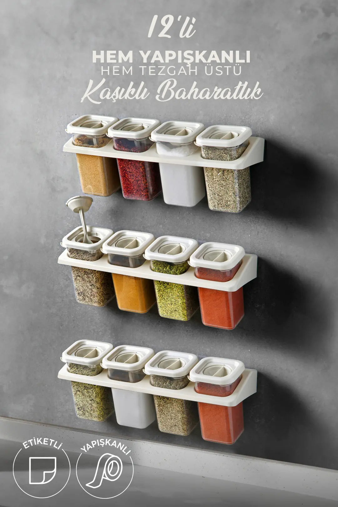 Kitchen Life 12'li Etiketli Standlı Kilitli Kaşıklı Kendinden Yapışkanlı Kare Baharatlık Takımı - Erzak Saklama Kabı Seti