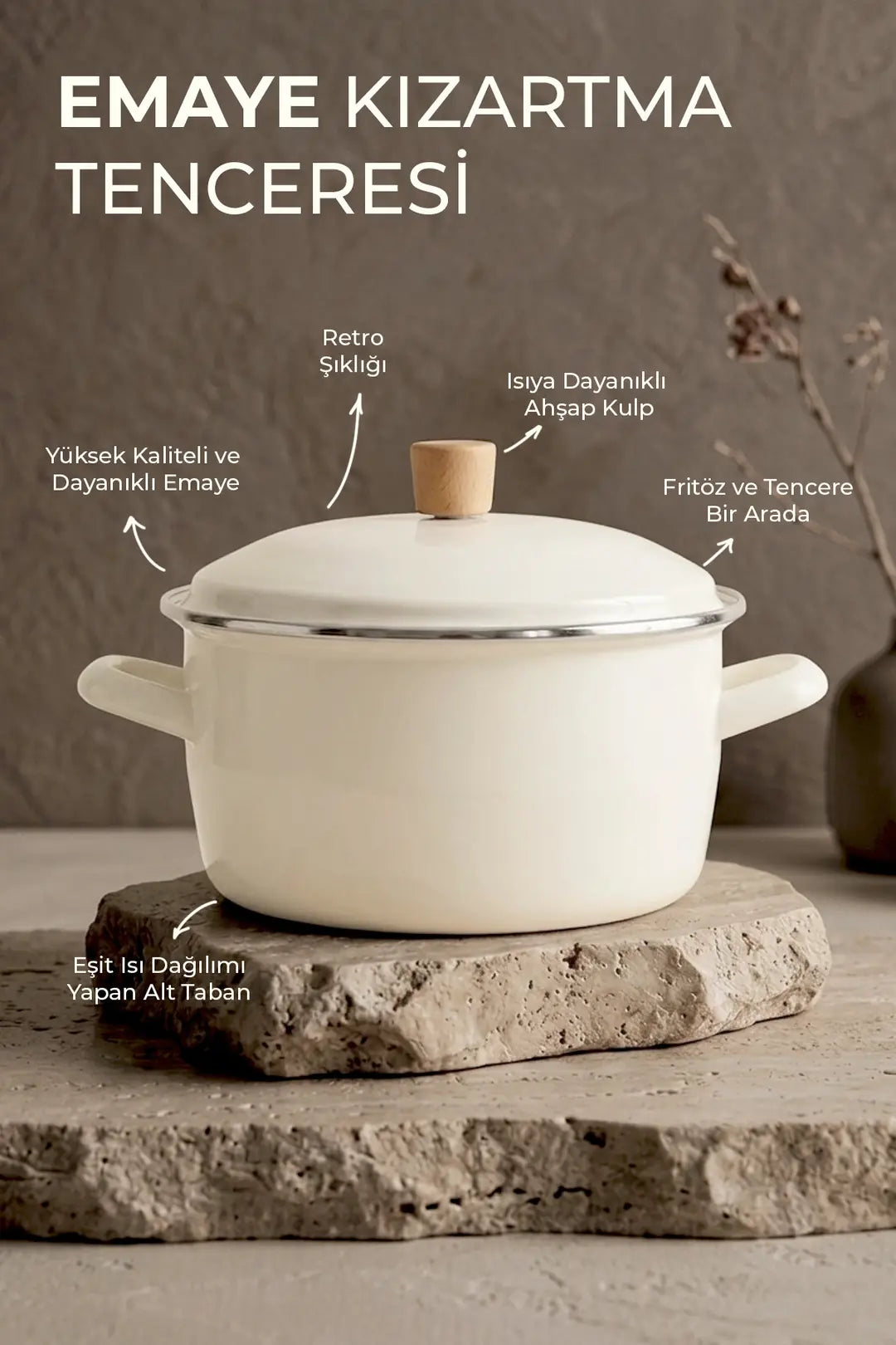 Kitchen Life Terra Cook Ahşap Kulplu,Paslanmaz Saplı Krem Süzgeçli Emaye Kızartma Tenceresi 22 cm