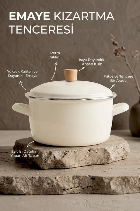 Kitchen Life Terra Cook Marmite à friture émaillée crème avec passoire, poignée en bois et anse en acier inoxydable, 22 cm