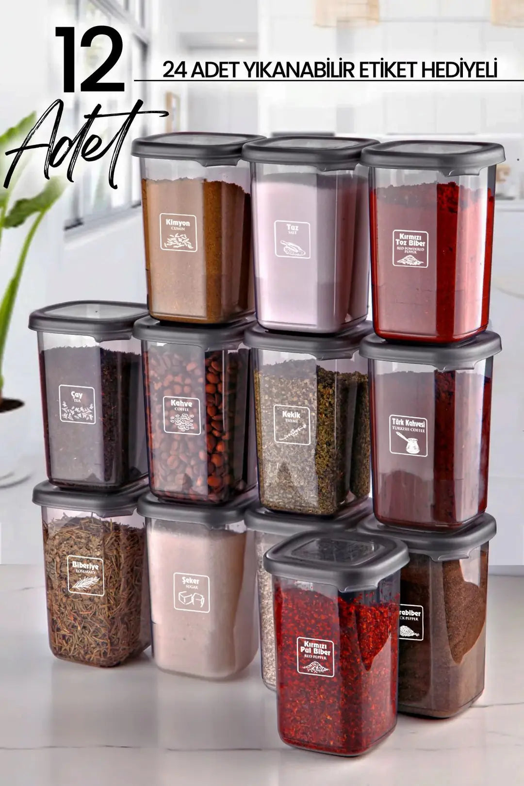 Kitchen Life 12'li Etiketli Modernity Etiketli Kare Baharatlık Takımı 450 ml - Erzak Saklama Kabı Seti