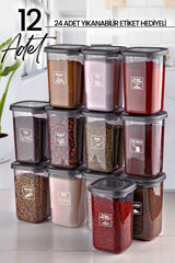 Kitchen Life 12'li Etiketli Modernity Etiketli Kare Baharatlık Takımı 450 ml - Erzak Saklama Kabı Seti