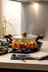 Kitchen Life Ahşap Kulplu,Kapaklı Şeffaf Borosilikat Cam Tencere-Pişirme Tenceresi 2,5 Litre