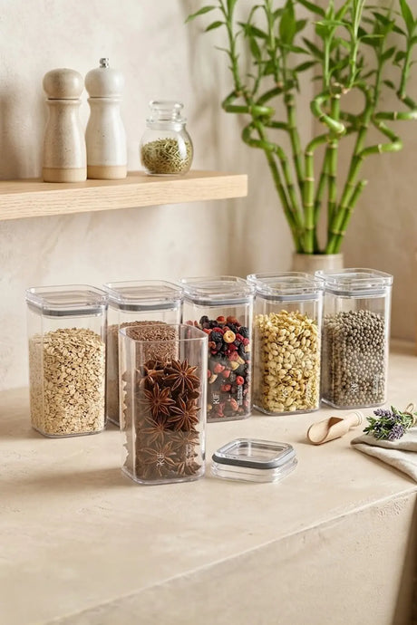 Kitchen Life Etiketli 6'lı Akrilik Gri Sızdırmaz Kapaklı Vakumlu Kare Baharatlık Seti 300 ml