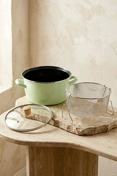 Kitchen Life Master Pro Cook Faitout émaillé vert d’eau avec panier à friture, poignée en bois et manche en inox, 22 cm