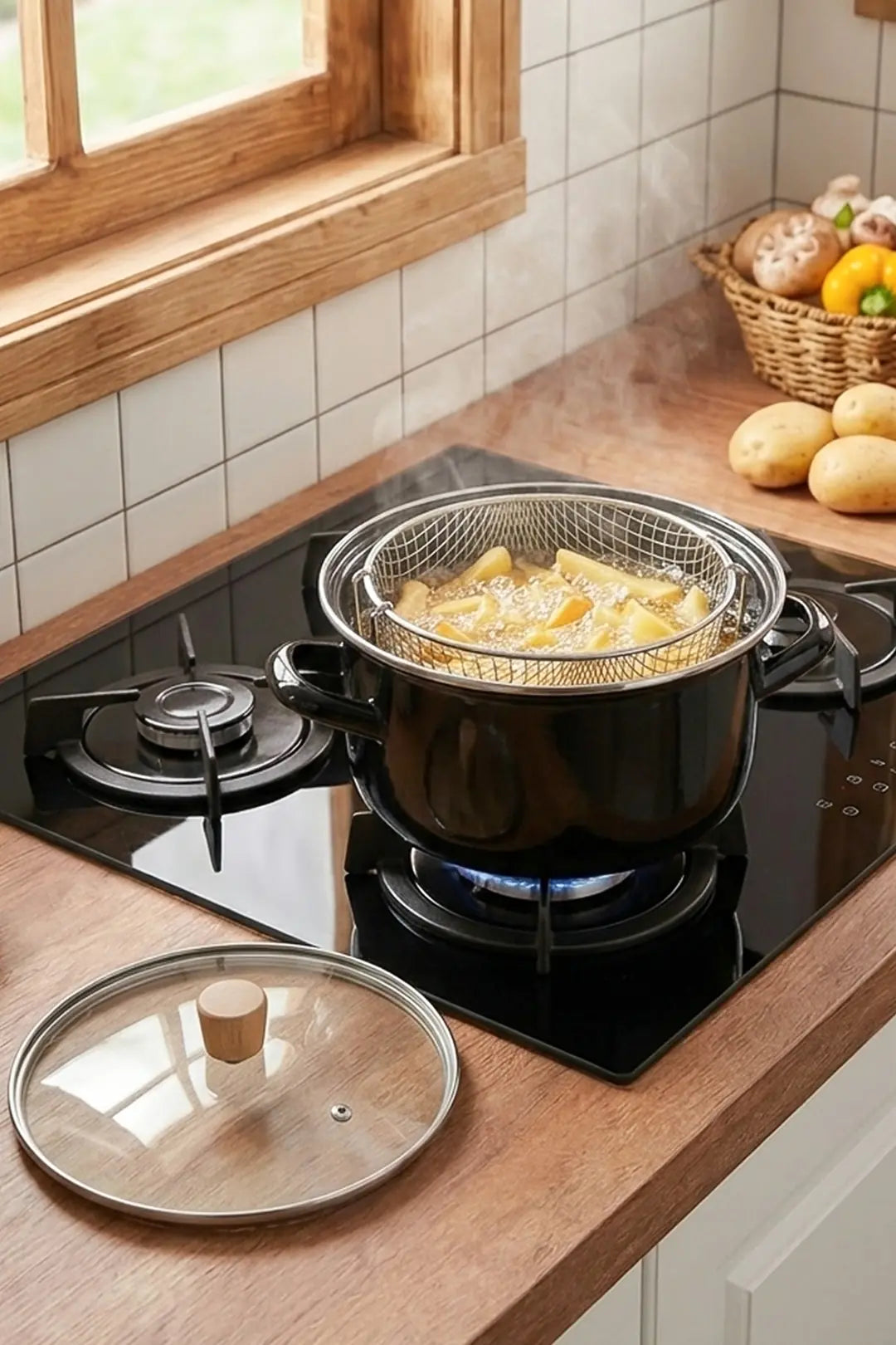 Kitchen Life Master Pro Cook Ahşap Kulplu,Paslanmaz Saplı Siyah Süzgeçli Emaye Kızartma Tenceresi 22 cm
