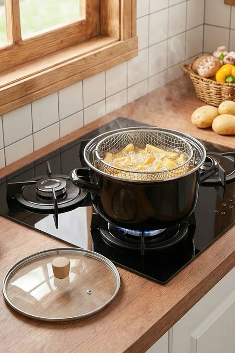 Kitchen Life Master Pro Cook Marmite à friture émaillée noire de 22 cm avec panier égouttoir en acier inoxydable et poignée en bois