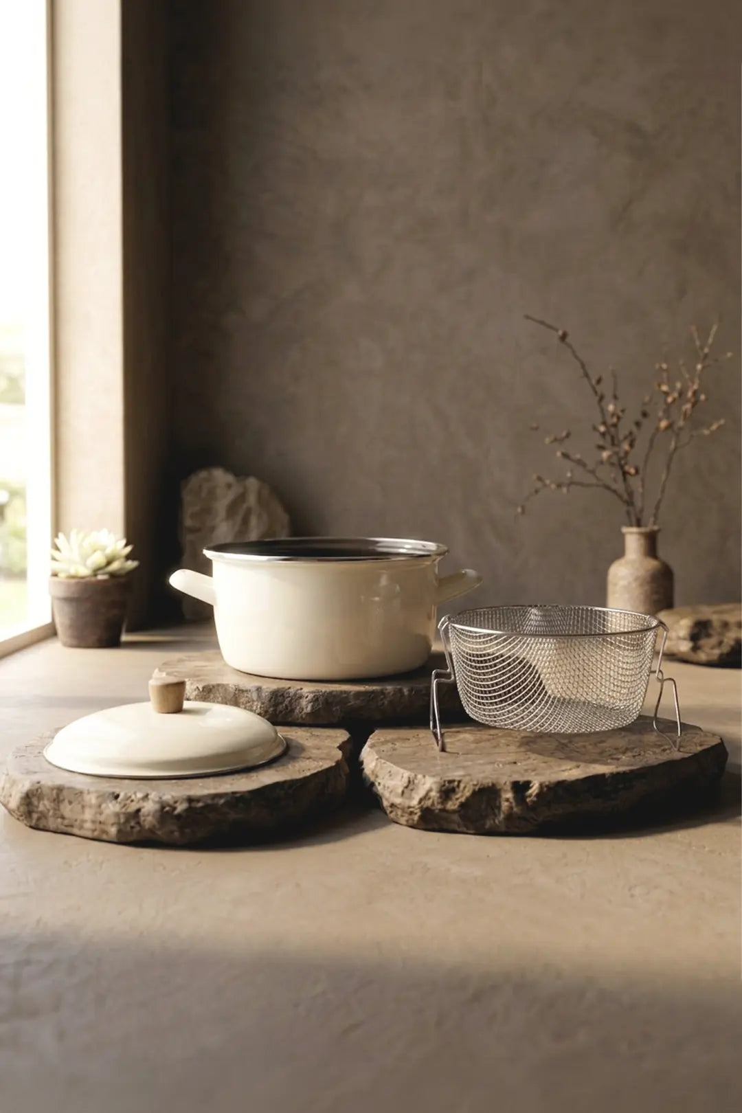 Kitchen Life Terra Cook Ahşap Kulplu,Paslanmaz Saplı Krem Süzgeçli Emaye Kızartma Tenceresi 22 cm