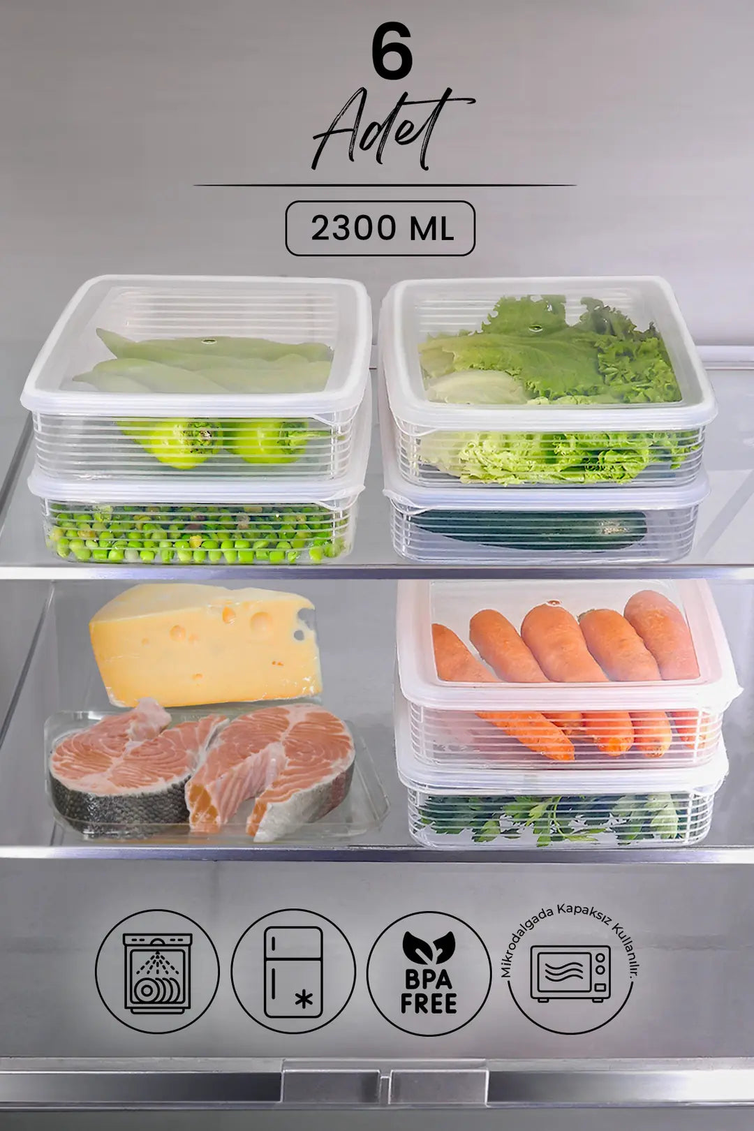 Kitchen Life 6 lı 2300 ml Buzdolabı ve Mikrodalga Saklama Kabı - Buzdolabı Organizeri Saklama Kutusu