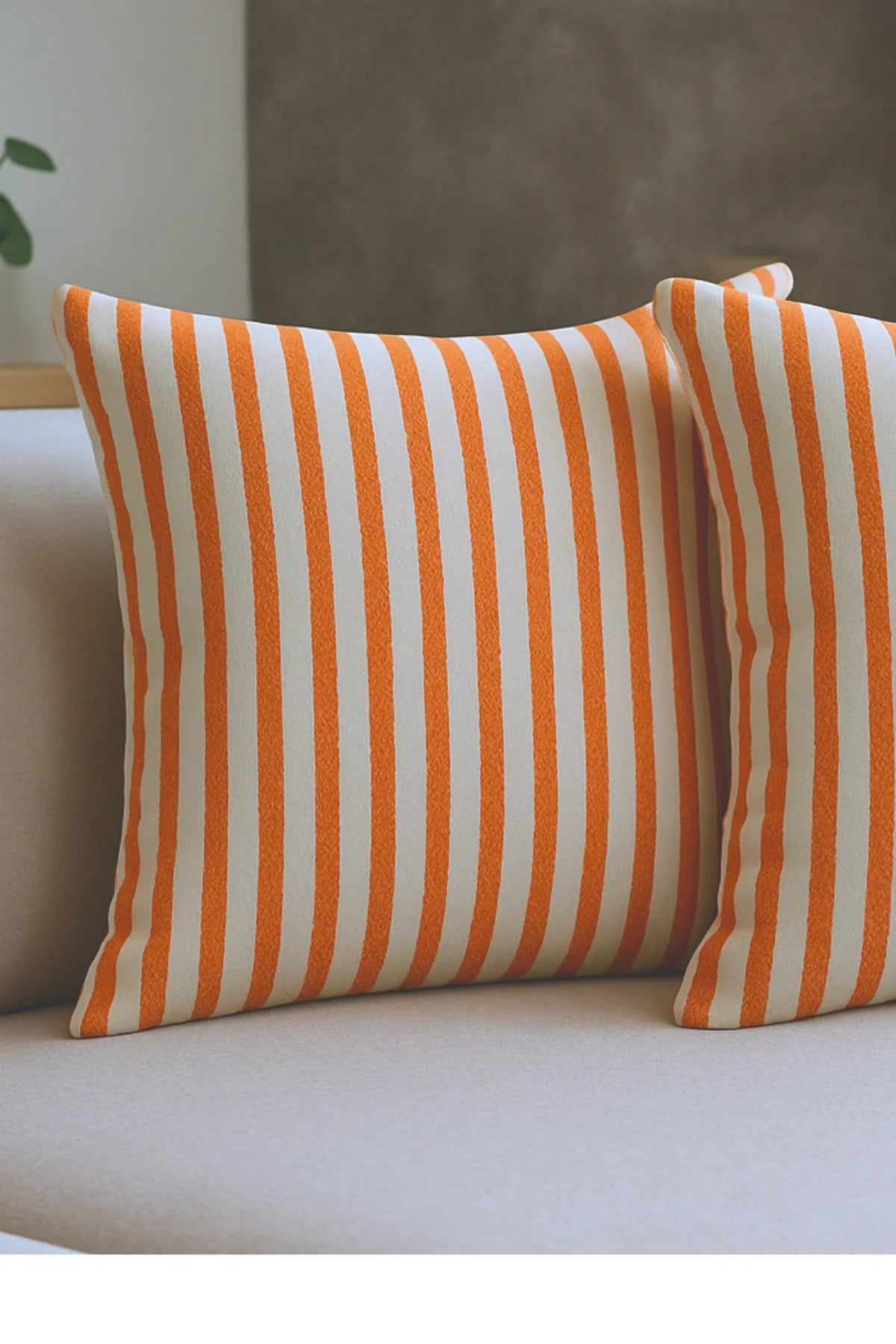 Çizgili Pamuk Keten Kırlent Kılıfı (2'li Set) - Turuncu - 43 x 43