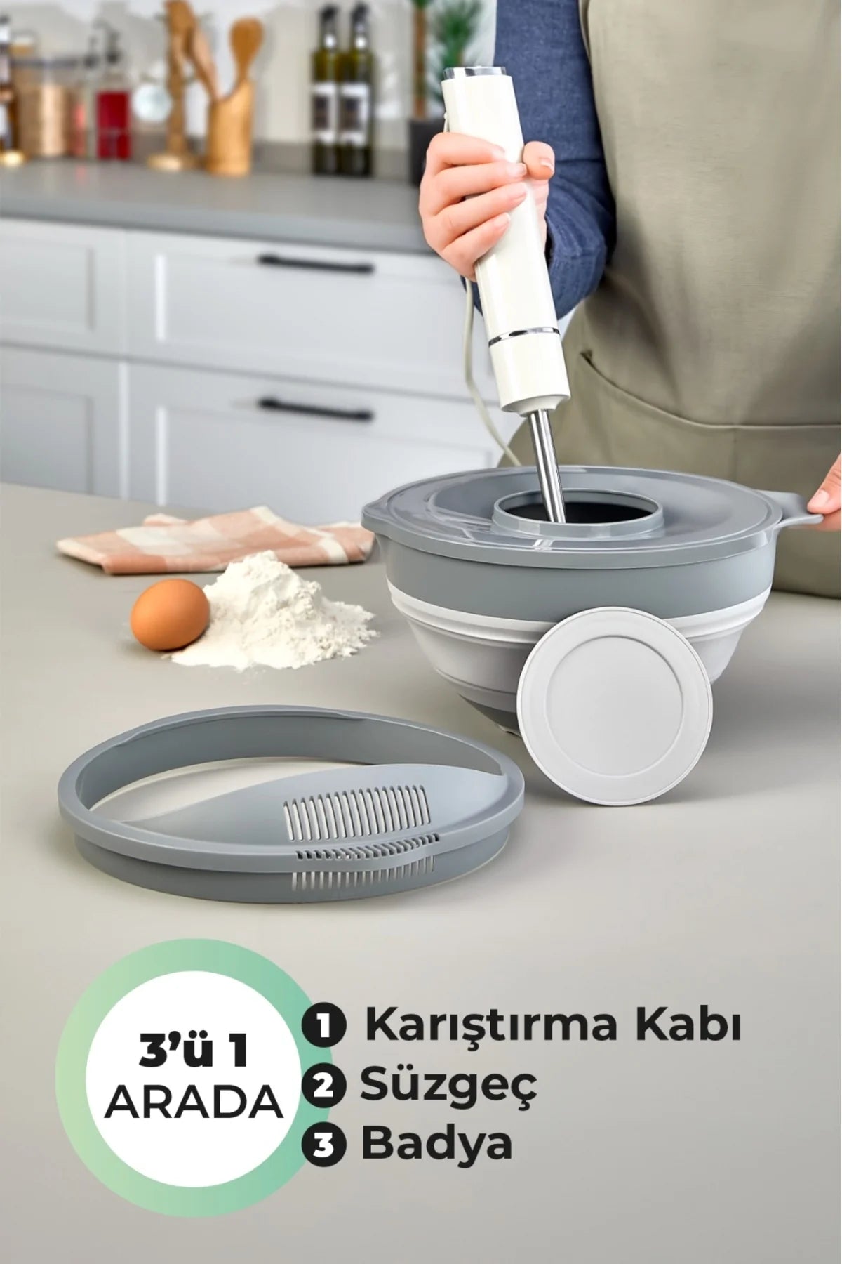 3'ü 1 Arada Mikser Karıştırma Kabı, Süzgeç, Badya - 3 Parça Mutfak Hazırlık ve Çeyiz Seti