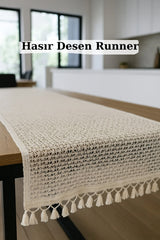 Hasır Örgü Desenli Püsküllü Runner - Bej - 35 x 140