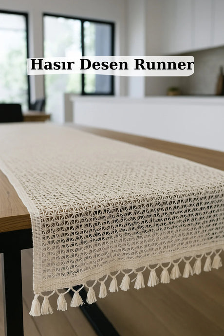 Hasır Örgü Desenli Püsküllü Runner - Bej - 35 x 140
