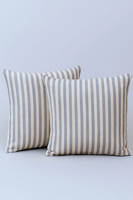 Çizgili Pamuk Keten Kırlent Kılıfı (2'li Set) - Gri - 43 x 43