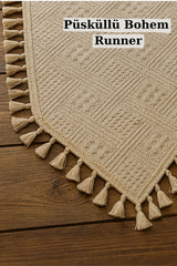 Püsküllü Bohem Pamuklu Runner - Doğal Bej - 40 x 110