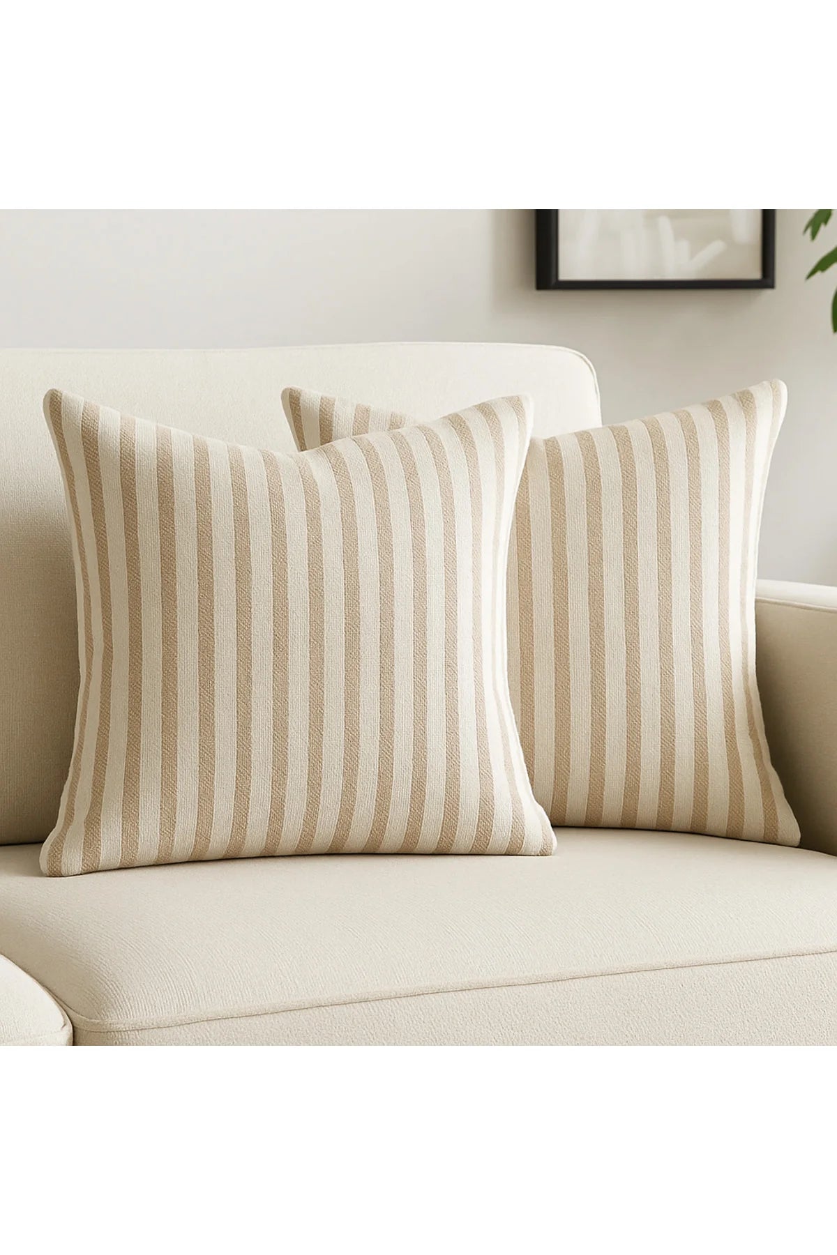 Çizgili Pamuk Keten Kırlent Kılıfı (2'li Set) - Sütlü Kahve - 43 x 43