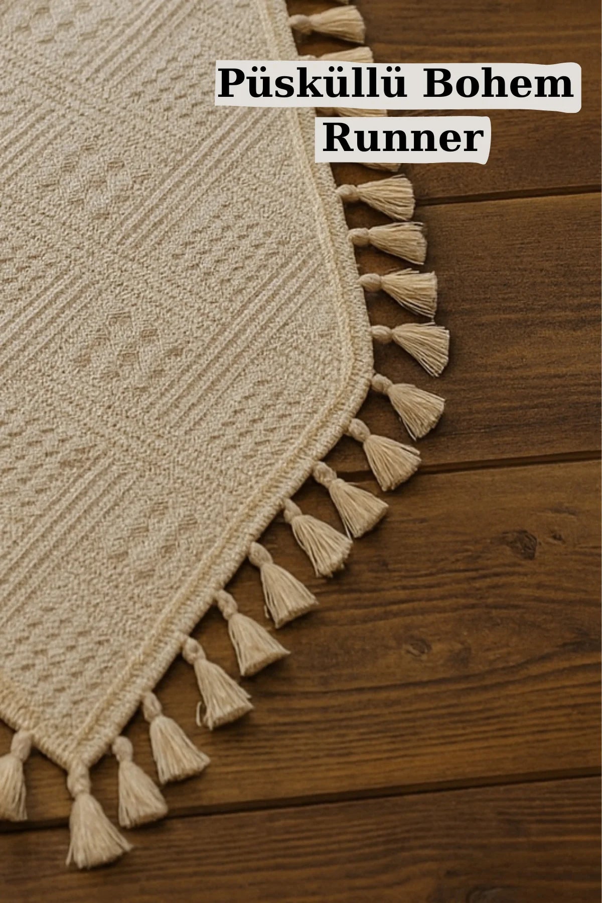 Püsküllü Bohem Pamuklu Runner - Doğal Bej - 40 x 110
